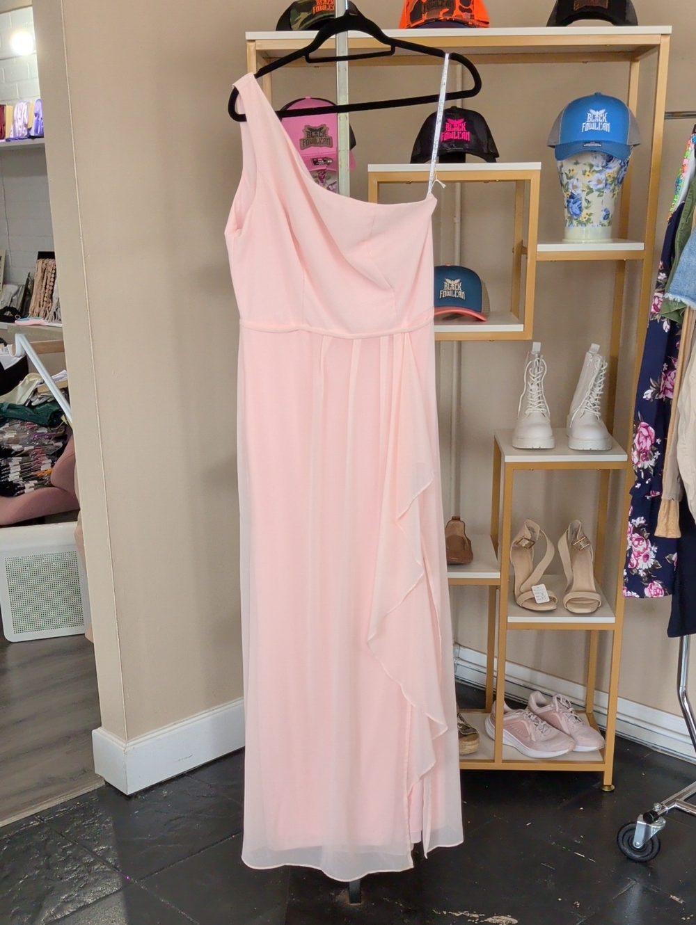 David's Bridal Pale Blush One-Shoulder Chiffon Gown